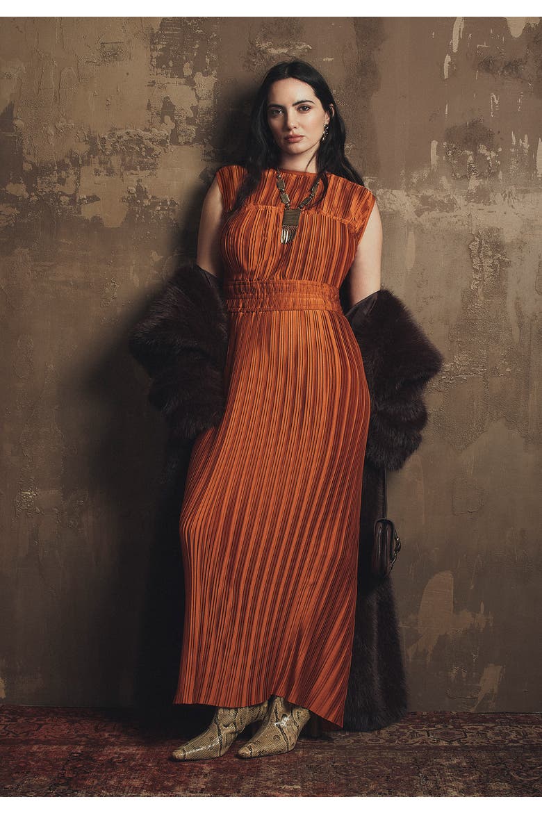 Boatneck Plisse Cap-Sleeve Maxi Dress, Alternate, color, UMBER