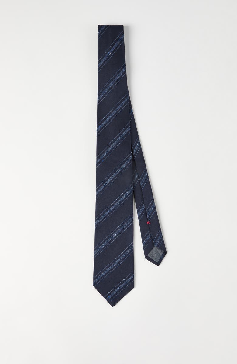 Brunello Cucinelli Silk and cotton tie, Alternate, color, Navy Blue