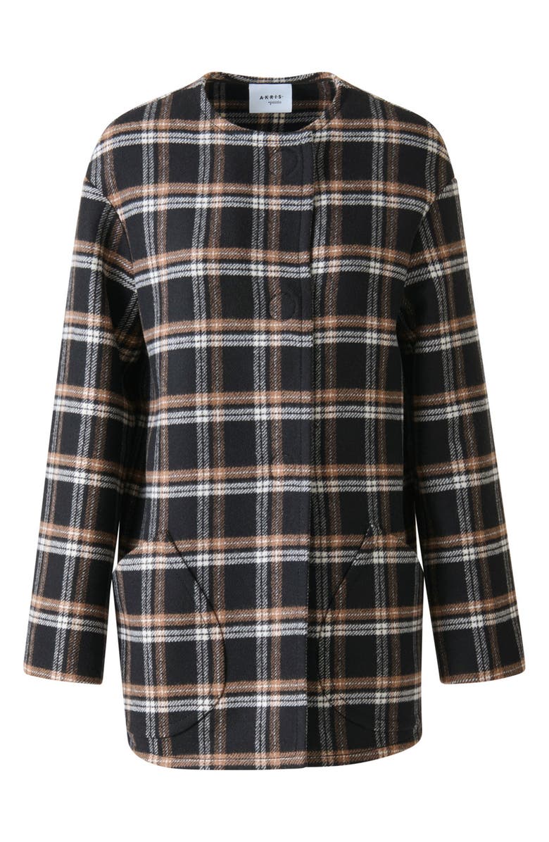 Akris punto Plaid Double Face Wool Blend Jacket with Removable Scarf, Alternate, color, Black-Camel-Cream