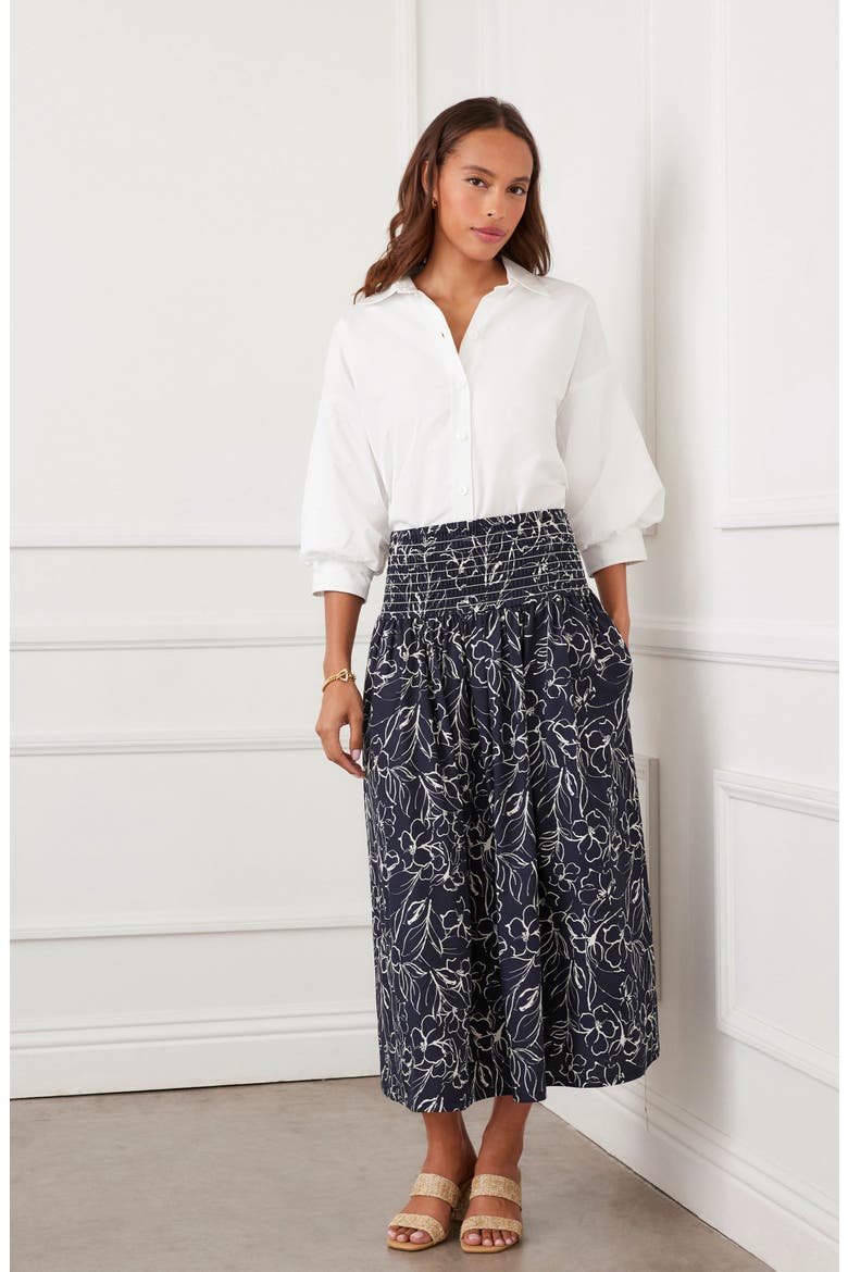 Floral Smocked Waist Cotton Midi Skirt, Alternate, color, PRINT