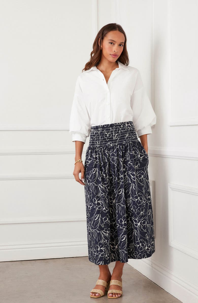 Karen Kane Floral Smocked Waist Cotton Midi Skirt, Alternate, color, Print