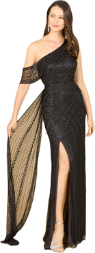 LARA New York Beaded One Shoulder Dress with Train