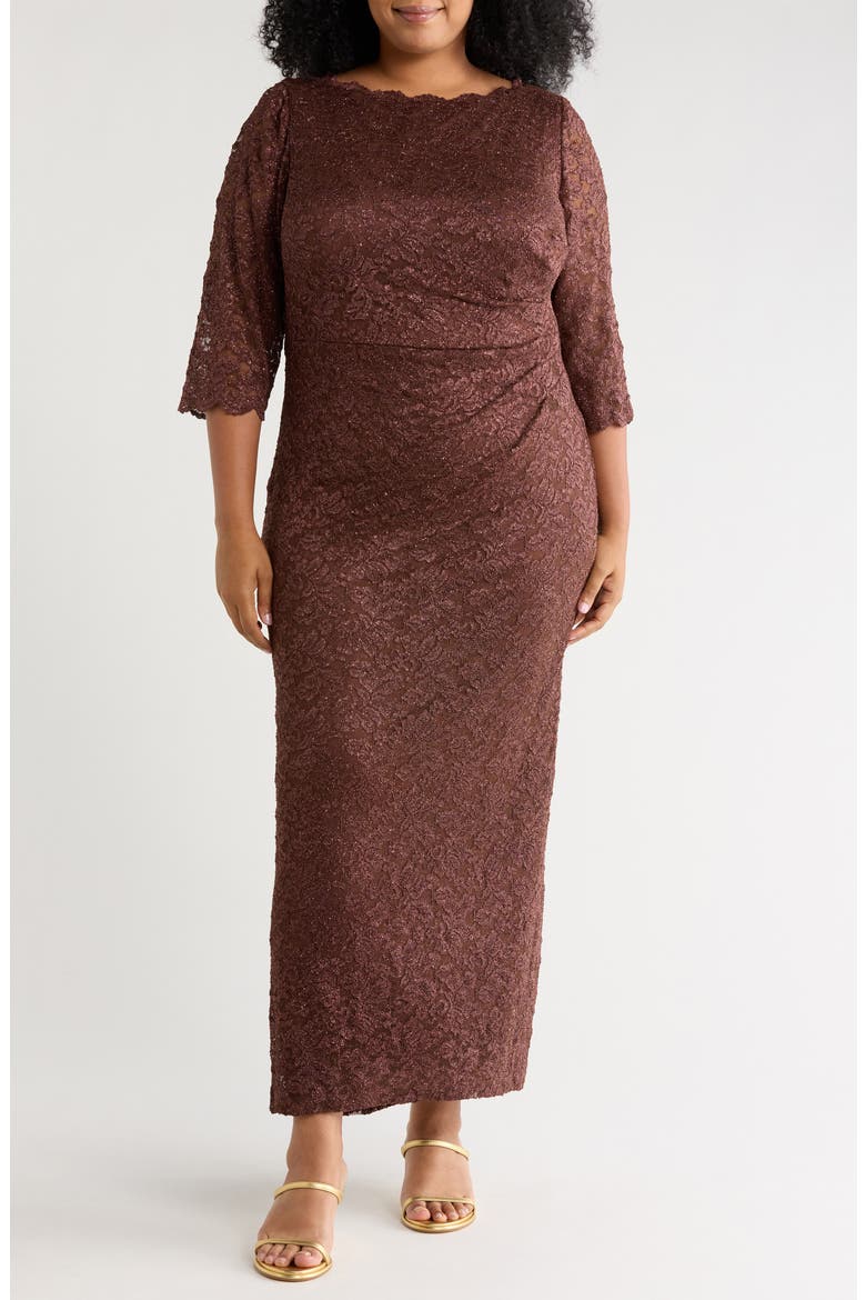 Side Tuck Lace Sheath Gown, Main, color, CHOCOLATE
