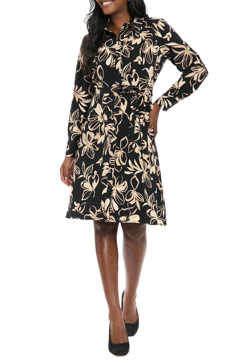 Floral Long Sleeve Belted Shirtdress, Main, color, BLACK/ KHAKI