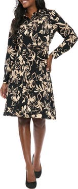 London Times Floral Long Sleeve Belted Shirtdress