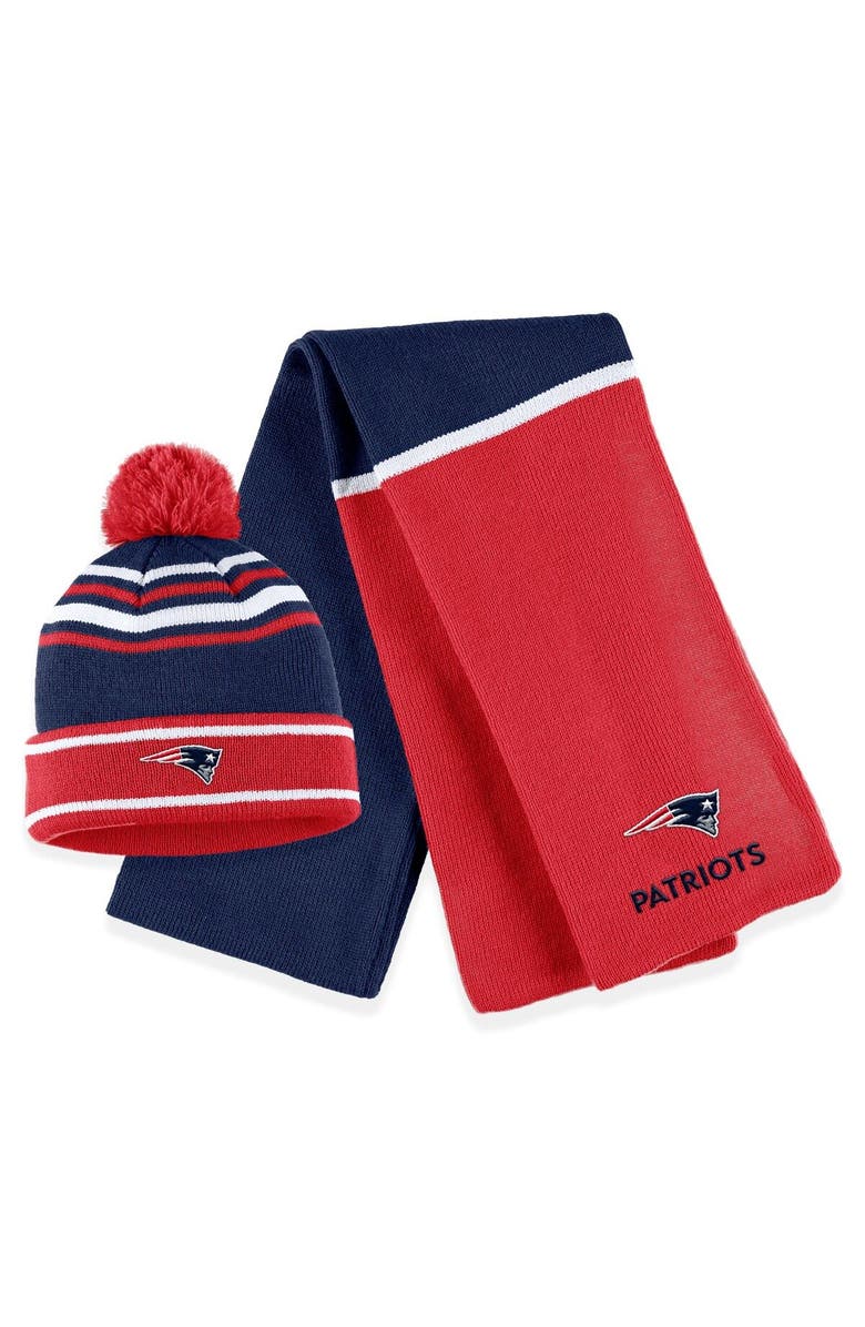WEAR by Erin Andrews Women's WEAR by Erin Andrews Red New England Patriots Colorblock Cuffed Knit Hat with Pom and Scarf Set, Main, color, Red