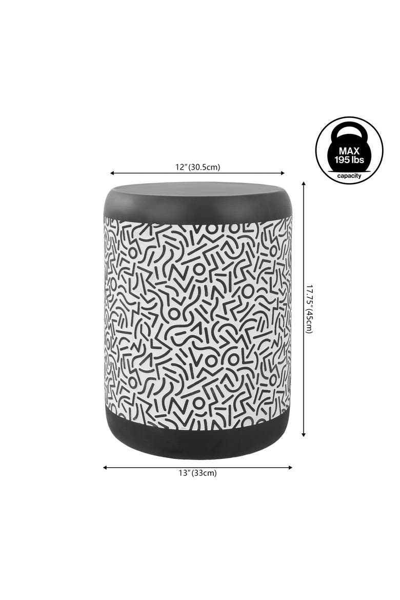 Indi Modern Geometric Concrete Drum Garden Stool, Indoor/Outdoor Weather-Resistant Patio Accent Side Table, Alternate, color, Black/White