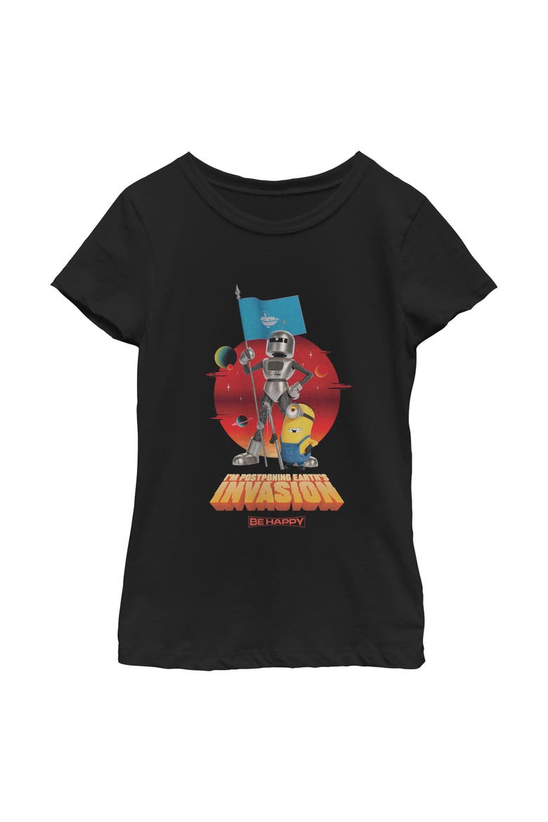 Girl's Minions & Monsters I'm Postponing Earth's Invasion  Graphic T-Shirt, Main, color, Black