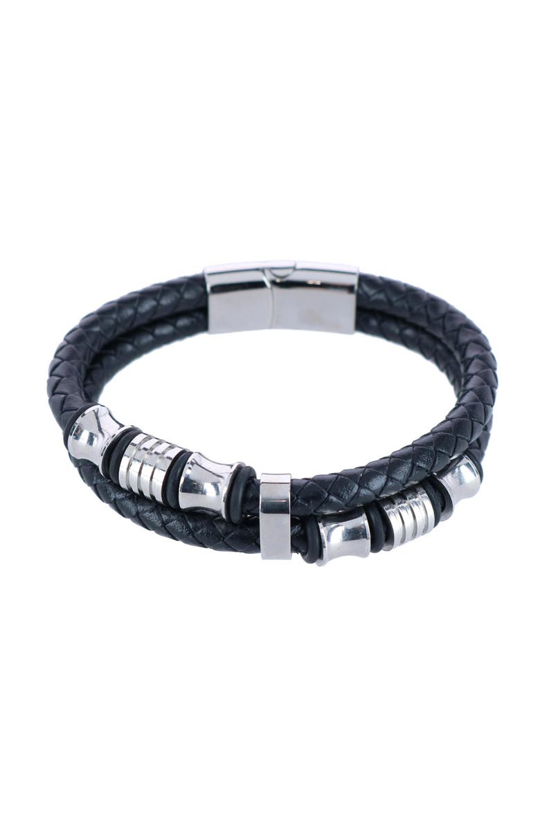 Trafalgar Loose Fit Silver and Leather 2 Band Secure Clasp Leather Bracelet, Main, color, Black And Silver