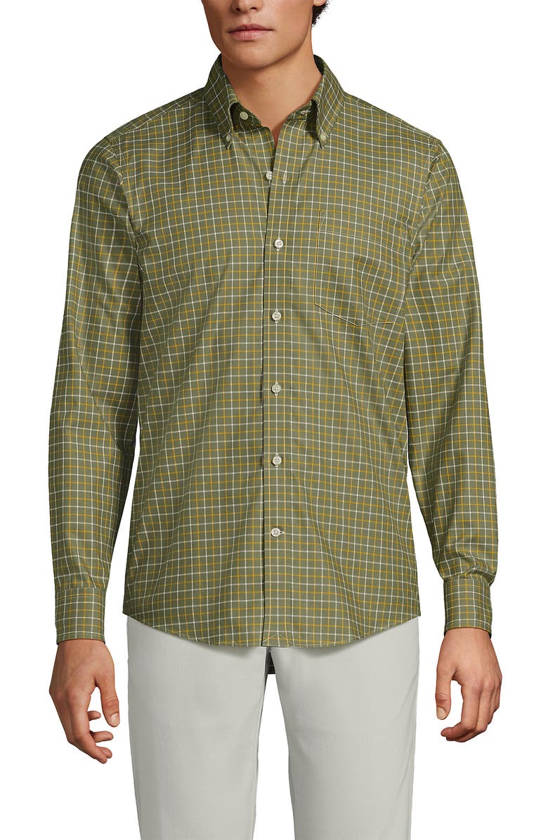 Lands' End Tailored Fit No Iron Twill Long Sleeve Shirt, Main, color, River Stone Green/Gold Plaid