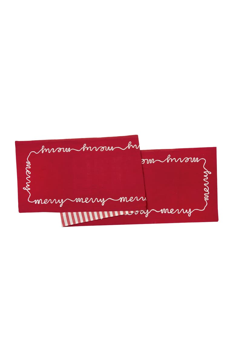 C&F Home "Merry" Cursive Script & Stripe 100% Cotton Christmas Table Runner 14" x 72", Main, color, Red