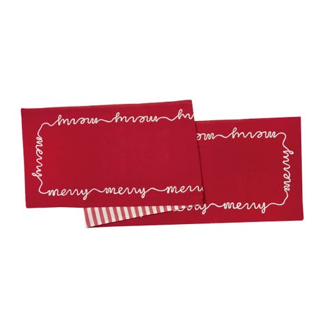 "Merry" Cursive Script & Stripe 100% Cotton Christmas Table Runner 14" x 72"