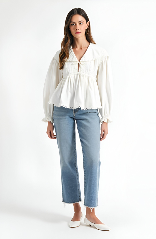 Modenaire Peplum Blouse With Oversized Collar, Scalloped Trim And Long Sleeves In White