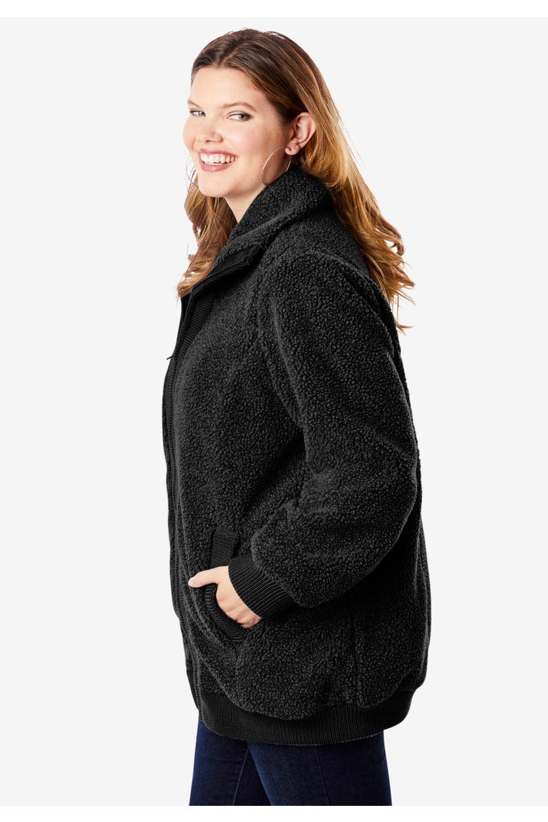 Plus Size High Collar Teddy Fleece Bomber, Alternate, color, HEATHER GREY
