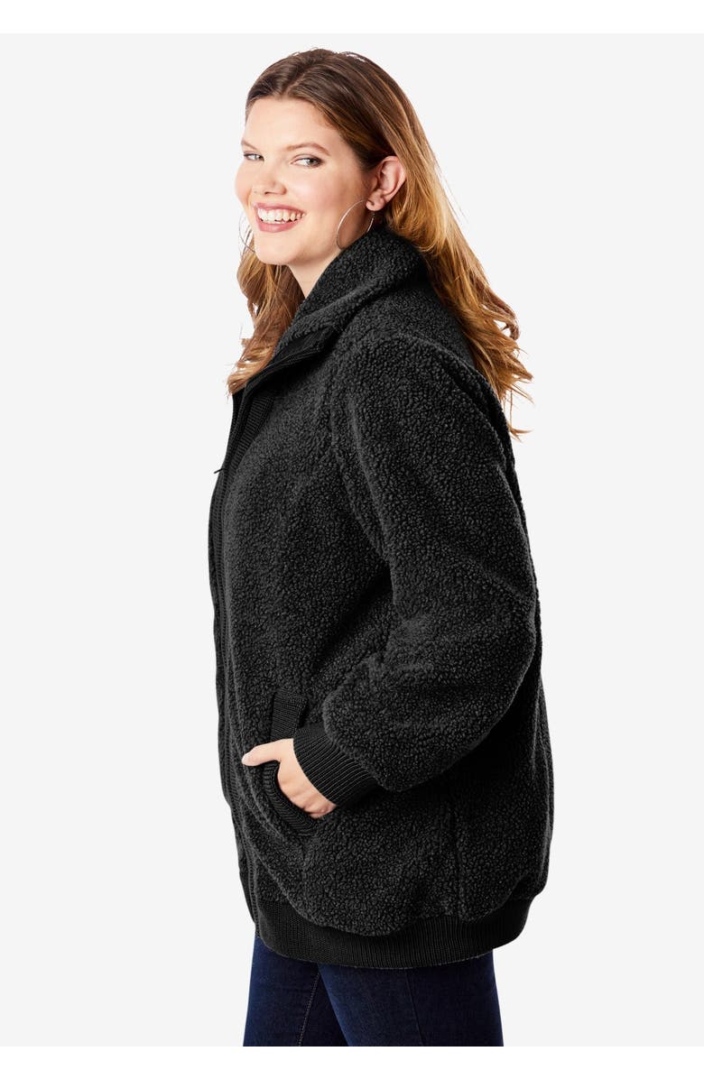 Roaman's Plus Size High Collar Teddy Fleece Bomber, Alternate, color, Black