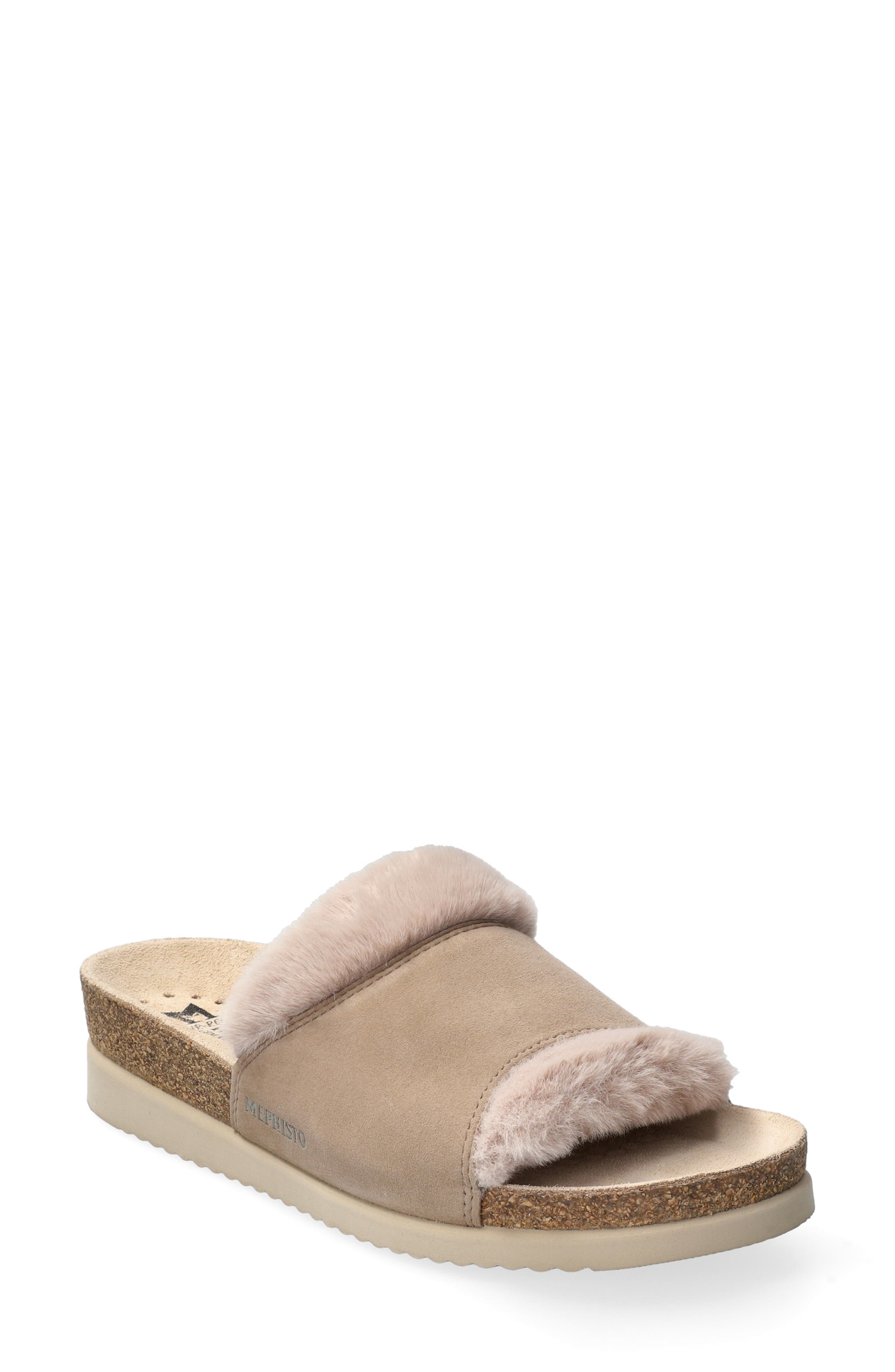 Mephisto Hemeline Faux Fur Slide Sandal, Main, color, Light Taupe