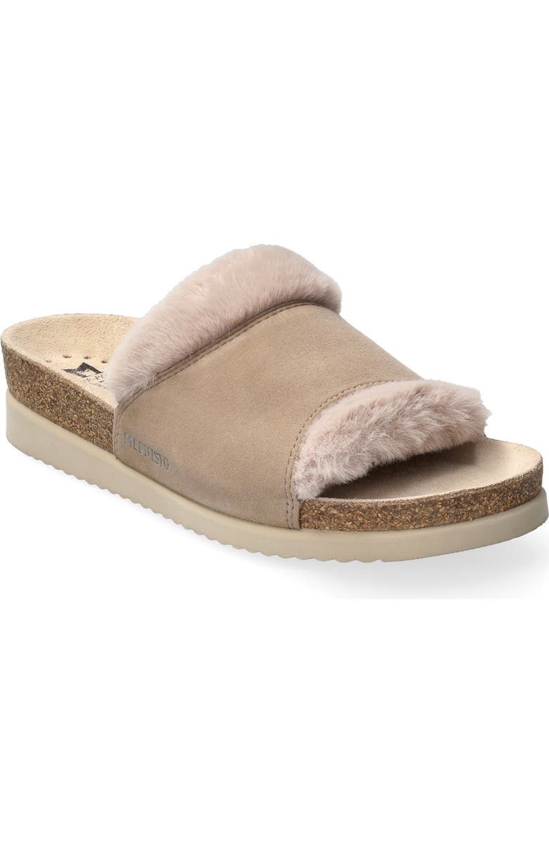 Mephisto Hemeline Faux Fur Slide Sandal, Main, color, Light Taupe