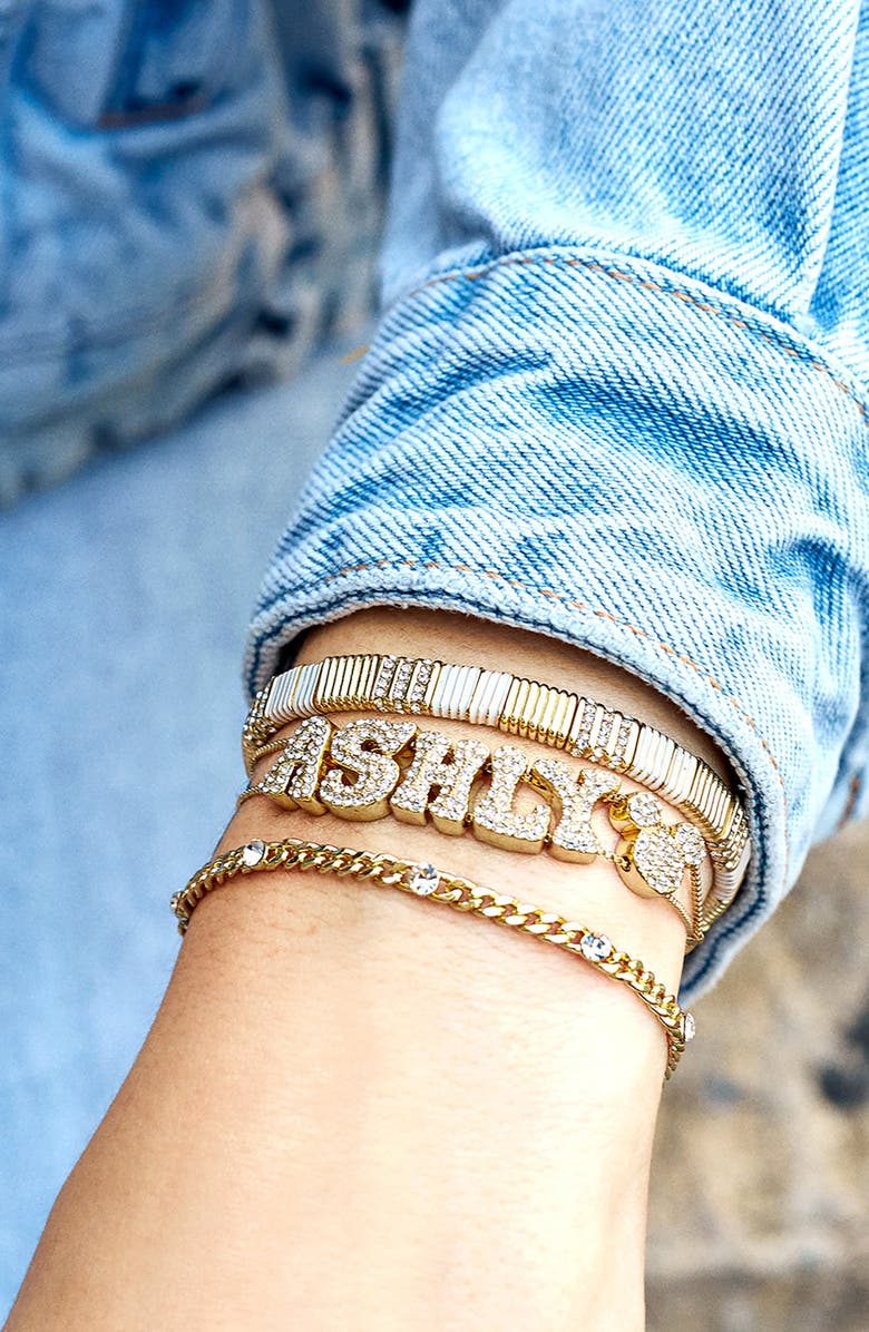 BaubleBar Personalized Disney<sup>®</sup> Crystal Bubble Charm Slider Bracelet, Alternate, color, Gold/ Clear