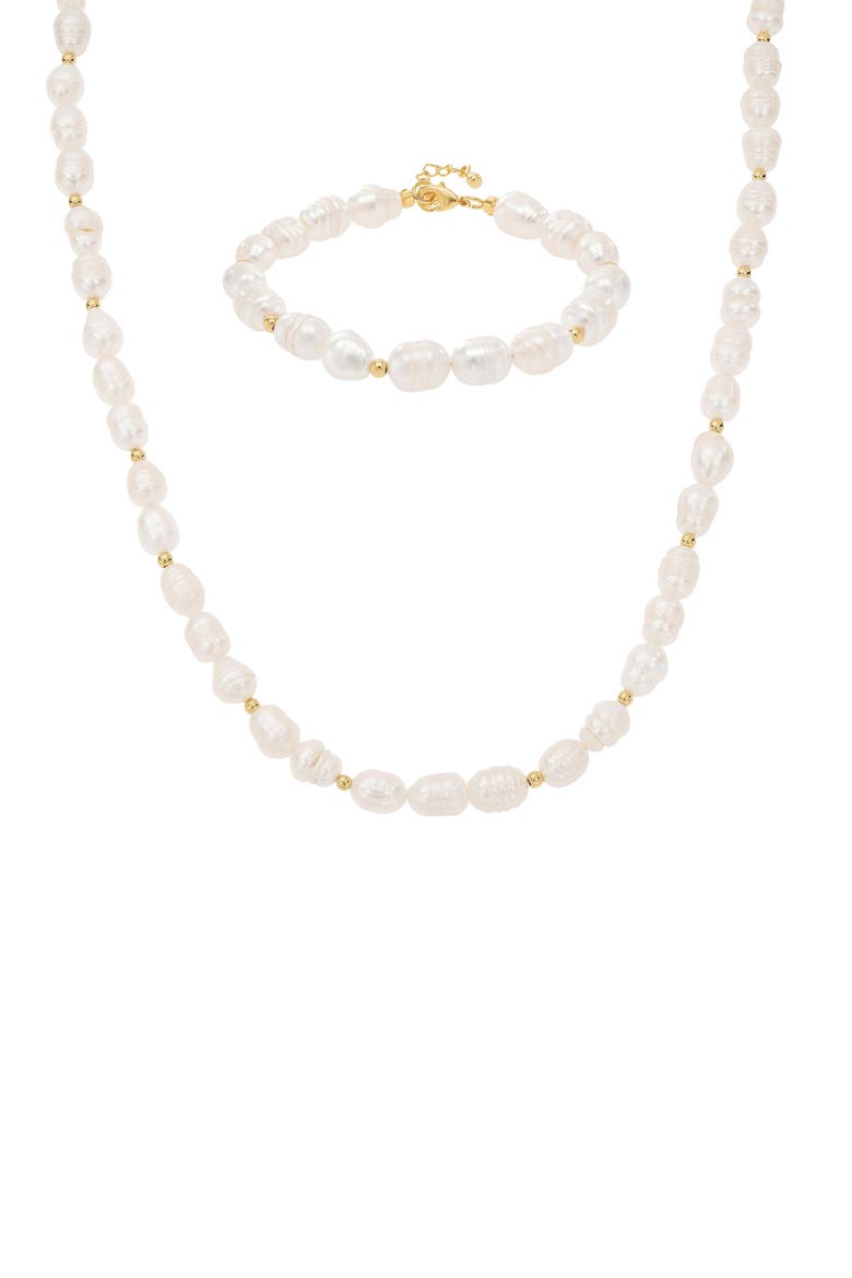 14k Gold Plated Eternal Spring Cultured Pearl Necklace & Bracelet Set, Main, color, Gold