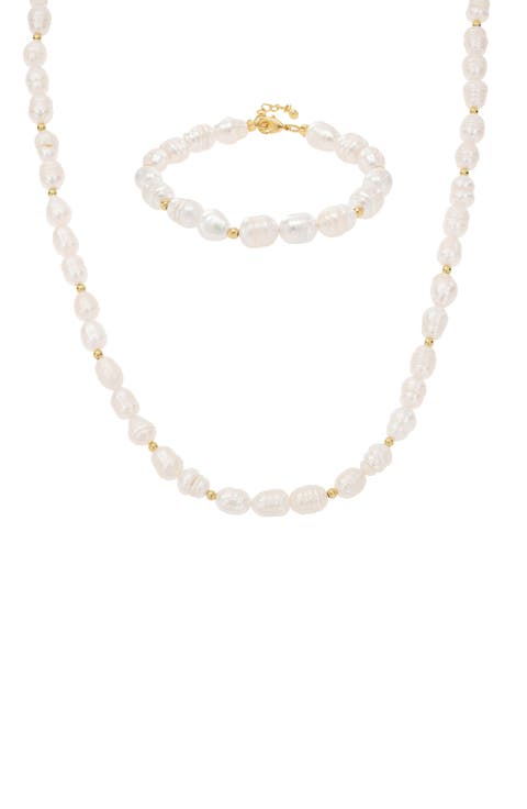 14k Gold Plated Eternal Spring Cultured Pearl Necklace & Bracelet Set