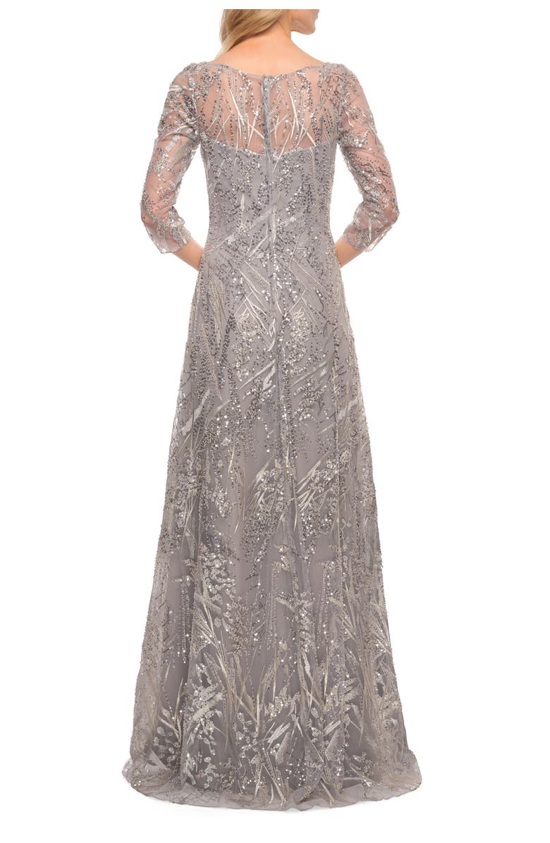 La Femme Long Evening Gown with Unique Lace Beaded Design, Alternate, color, Silver