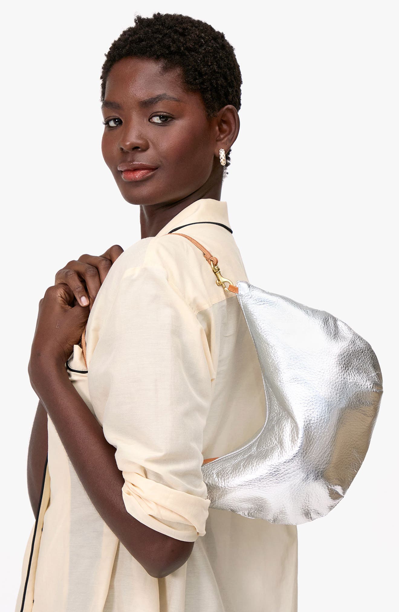 Clare V. Lune Metallic Leather Shoulder Bag, Alternate, color, Silver