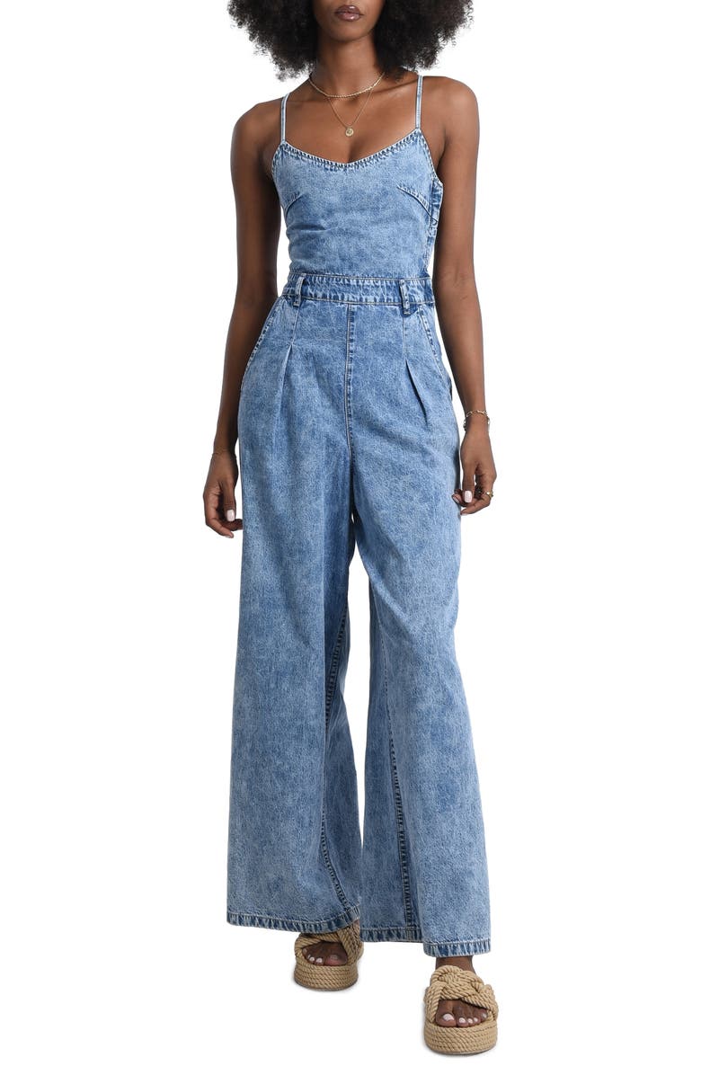 Molly Bracken Lace-Up Back Denim Jumpsuit, Main, color, 