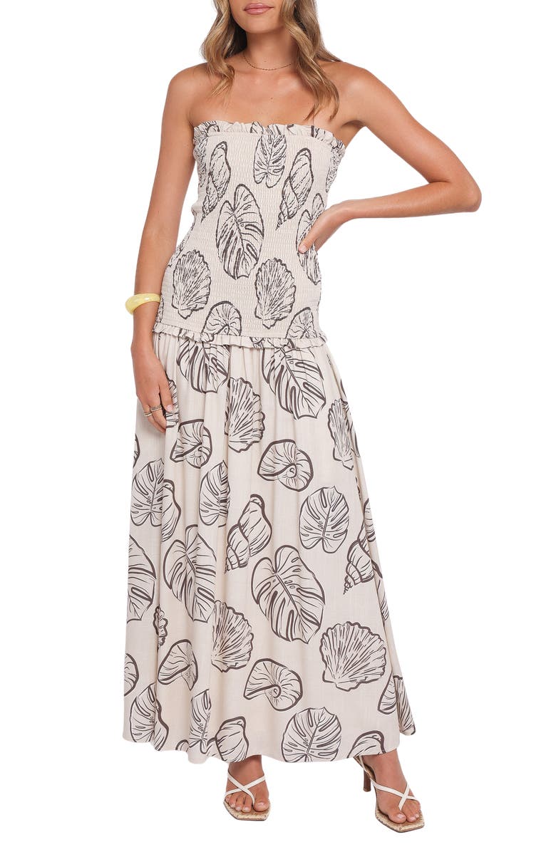 Petal & Pup Parkway Seashell & Palm Print Smocked Strapless Maxi Dress, Main, color, Cream Shells