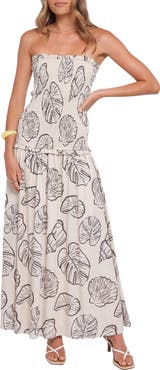 Petal & Pup Parkway Seashell & Palm Print Smocked Strapless Maxi Dress