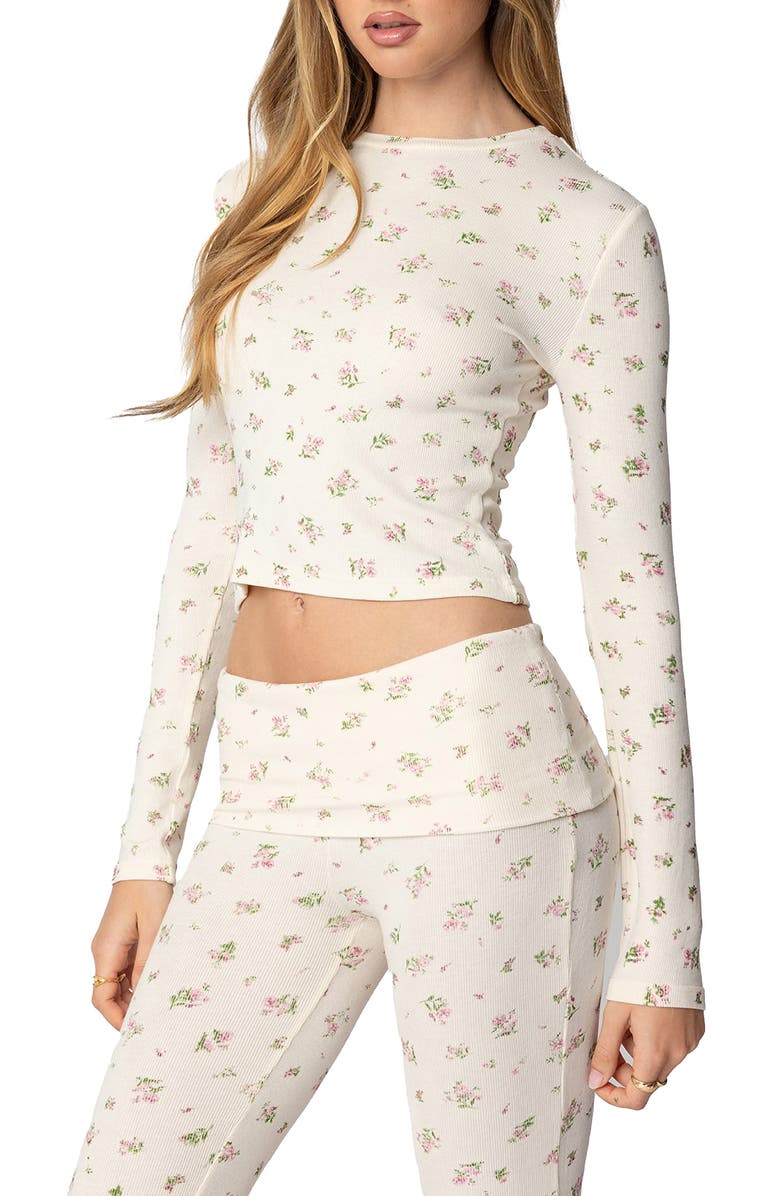 EDIKTED Bloom Print Long Sleeve T-Shirt, Alternate, color, Cream