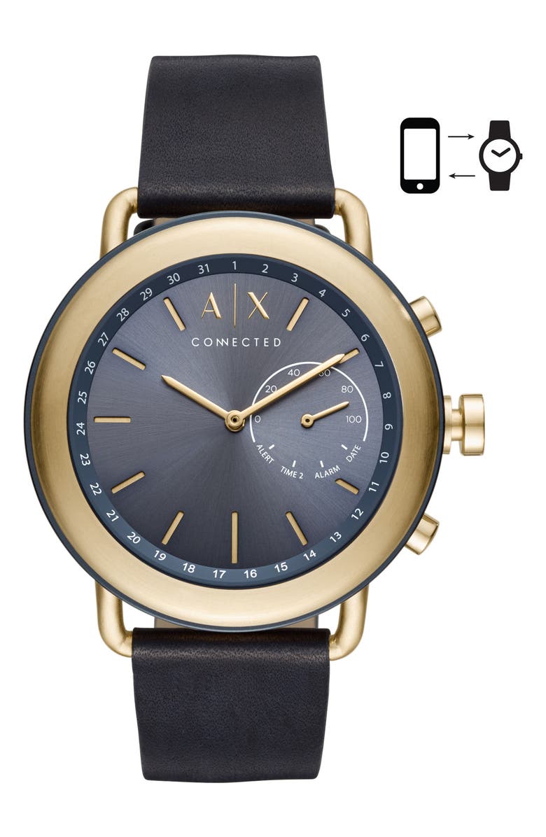 AX Armani Exchange Connected Hybrid Leather Strap Smartwatch, 47mm, Main, color,