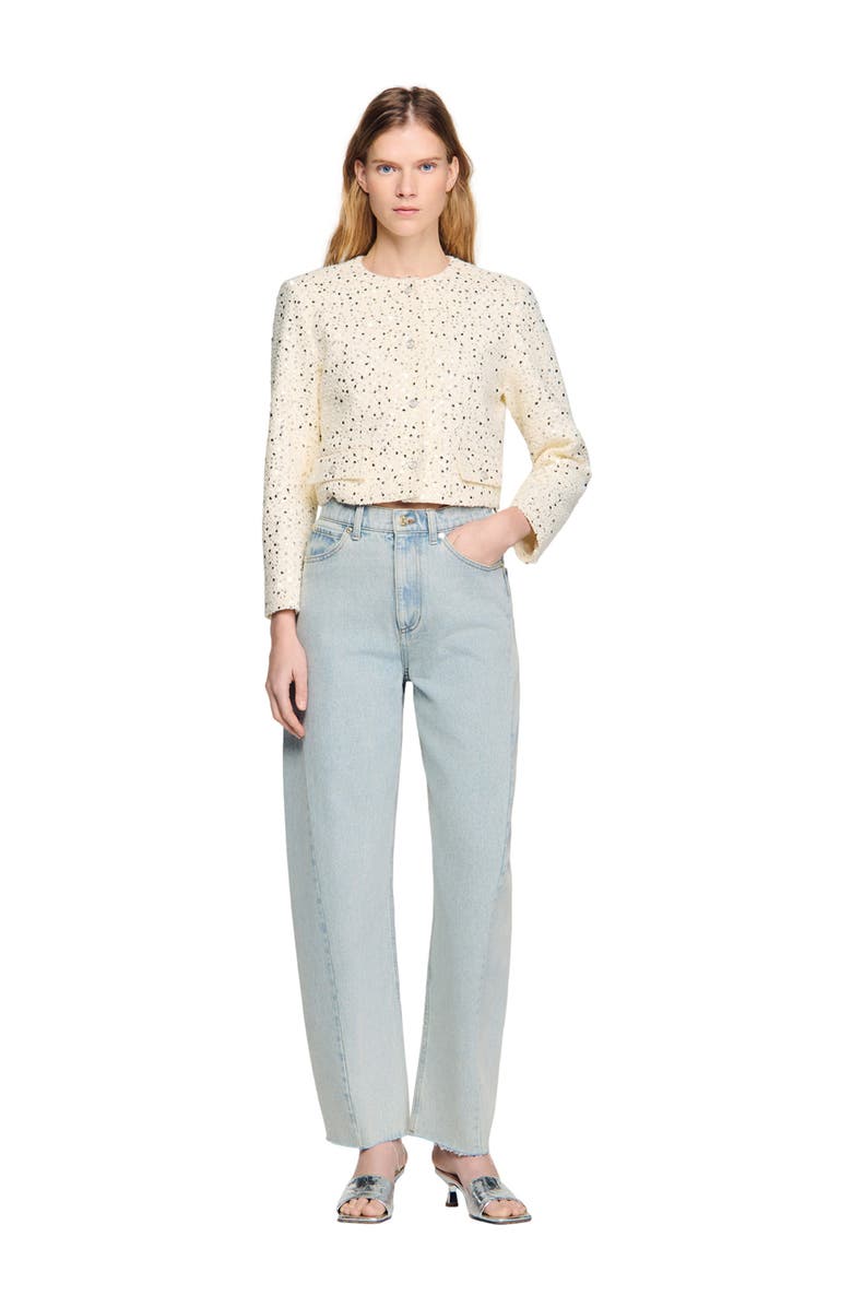 SANDRO Cropped sequinned cotton jacket, Alternate, color, Ecru