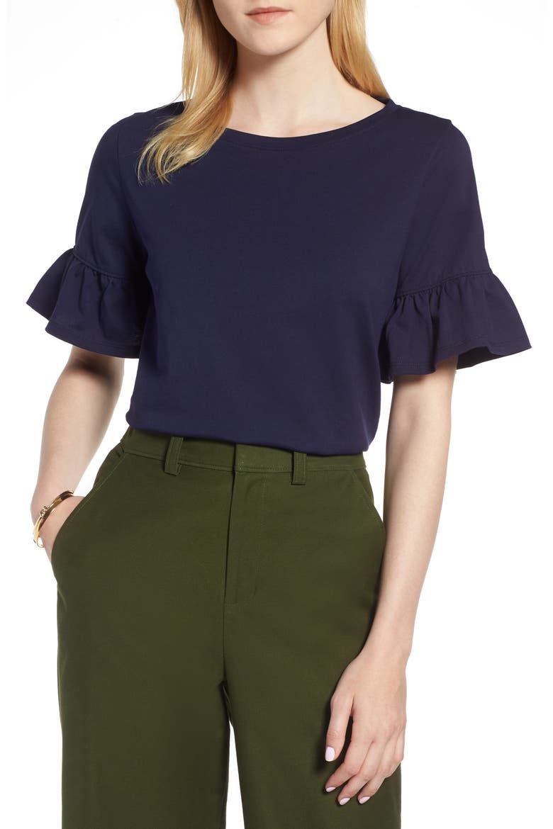 Ruffle Sleeve Top, Main, color, NAVY NIGHT