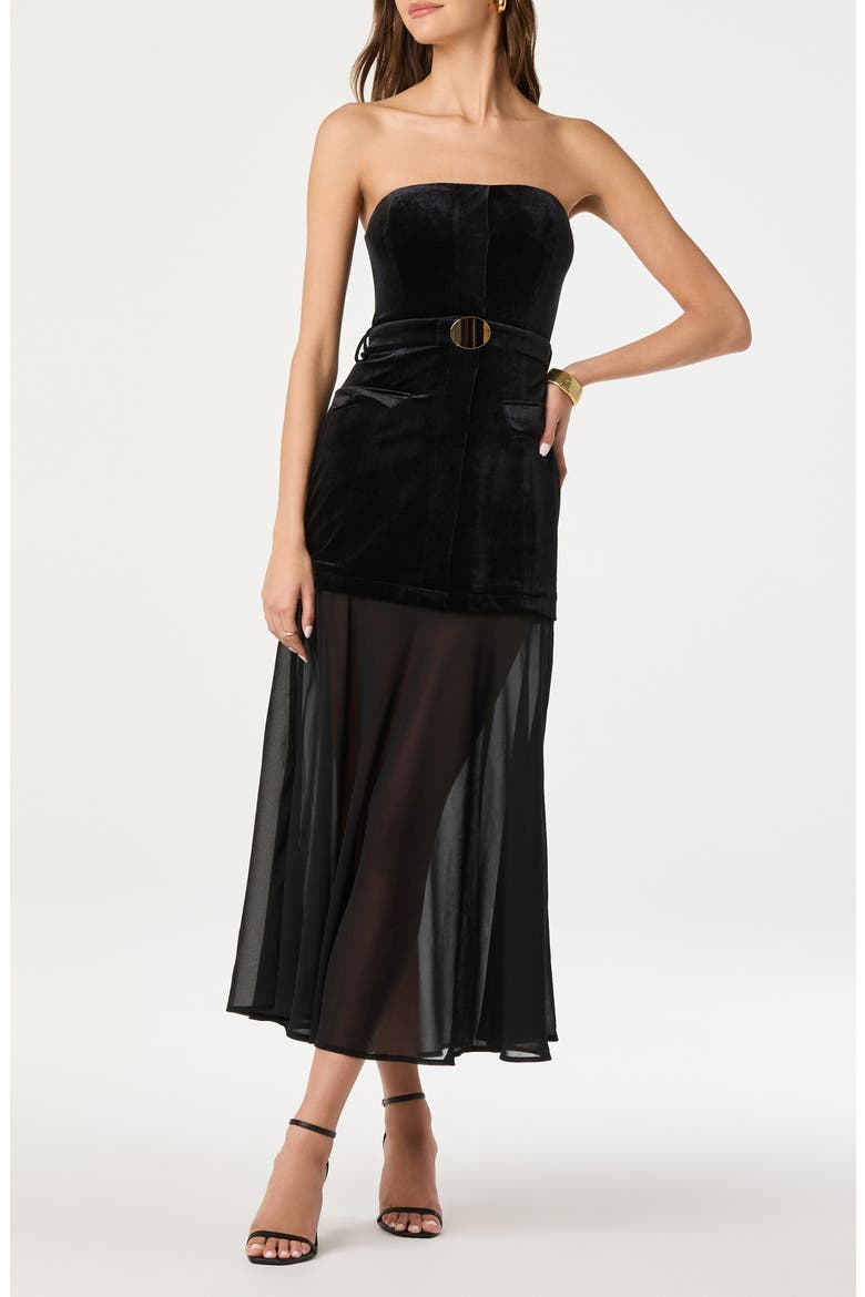 Strapless Belted Semisheer Velvet Midi Dress, Alternate, color, BLACK