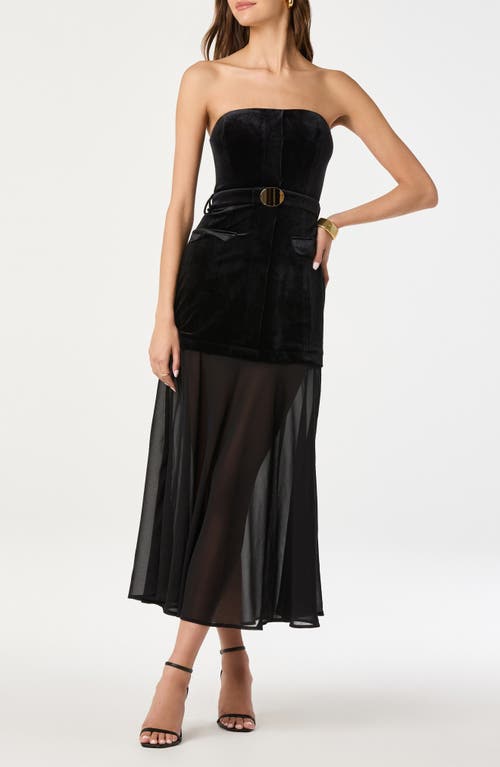 Astr The Label Strapless Belted Semisheer Velvet Midi Dress In Black