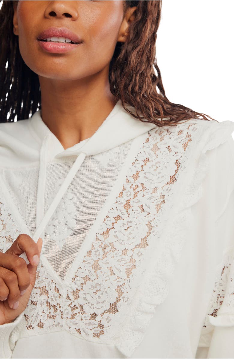 Free People Studio Tunic Hooded Lace Trim Sweatshirt, Alternate, color, Ivory