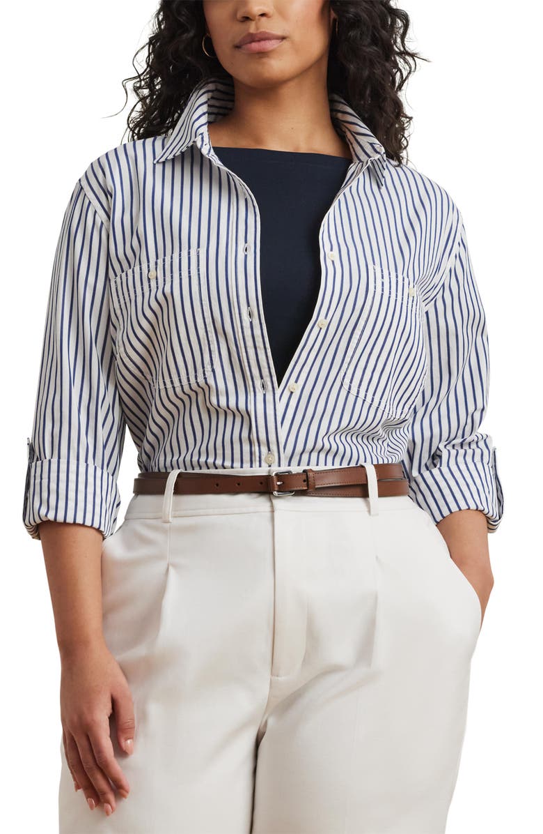 Lauren Ralph Lauren Rimnan Port Stripe Button-Up Shirt, Main, color, White/ Indigo