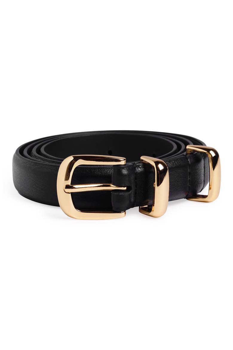 Skinny Jordan Leather Belt, Alternate, color, BLACK/ POLISHED GOLD