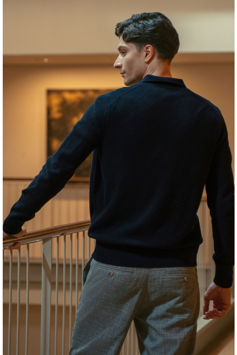 Olivier Birdseye Cashmere Long Sleeve Polo, Alternate, color, Black