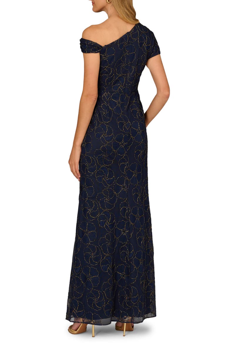 Aidan Mattox Metallic Floral One-Shoulder Gown, Alternate, color, Navy/ Gold