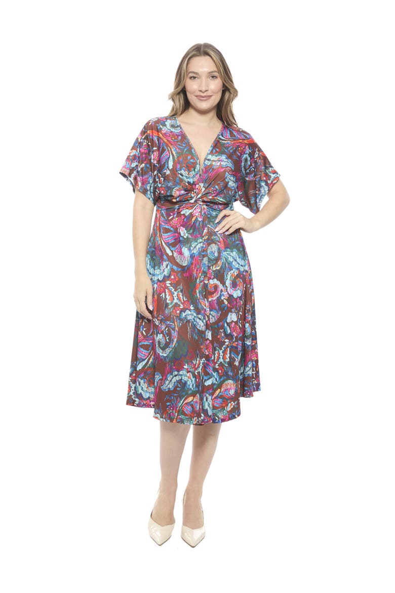 Womens Abstract V-Neck Short Dolman Sleeve Twist Front A-Line Midi Dress, Main, color, Brown Multi
