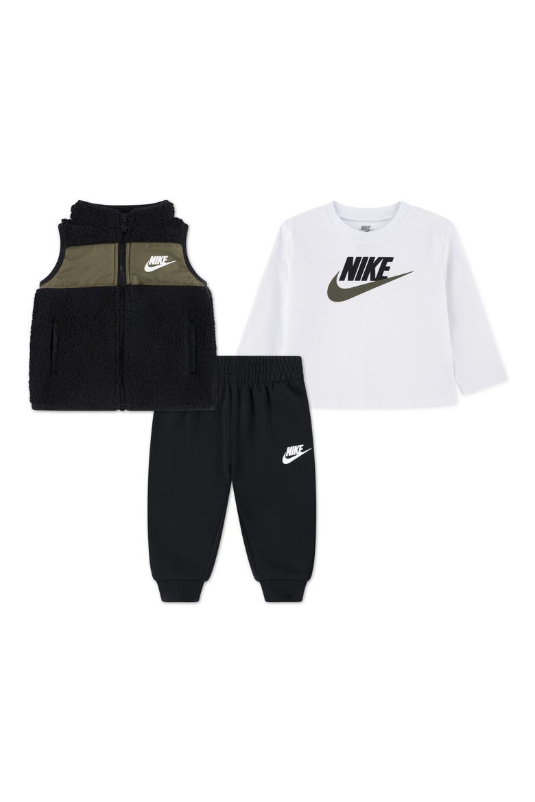 Sportswear Club Long Sleeve T-Shirt, Fleece Vest & Joggers Set, Main, color, F66BLACK/W