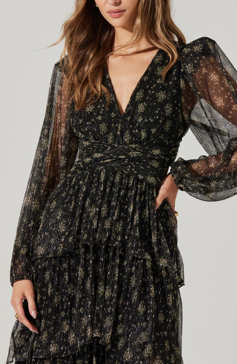 ASTR the Label Anora Long Sleeve Tiered Maxi Dress, Alternate, color, Black Gold Foil