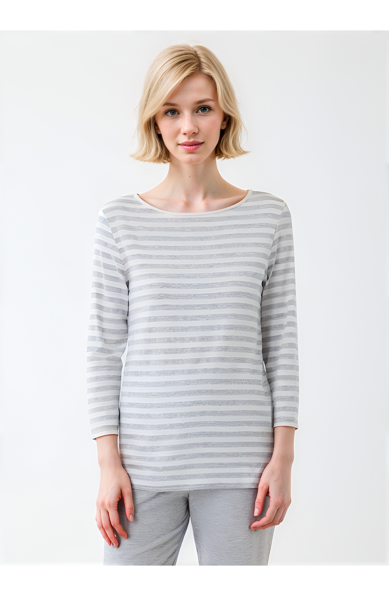Majestic Filatures Soft Touch Striped 3/4 Sleeve Boatneck T-Shirt, Main, color, Gris Chine Clair