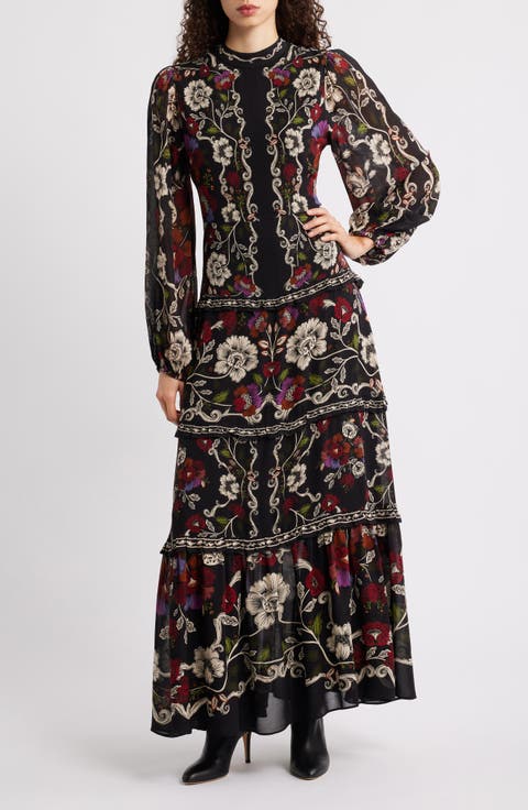 Rococo Floral Long Sleeve Tiered Maxi Dress