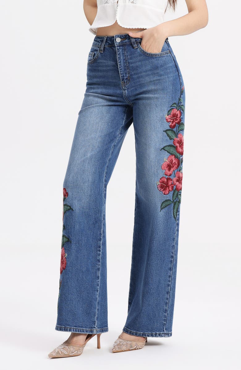 Bayeas Floral Embroidered High Waist Straight Leg Jeans, Alternate, color, Oblique
