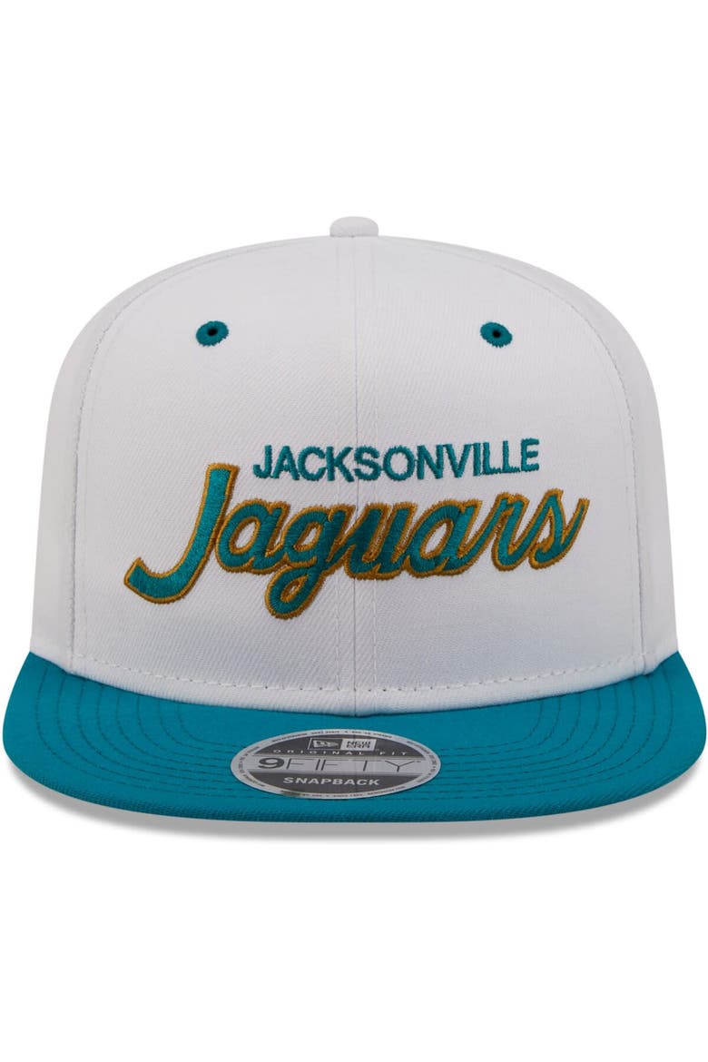 Men's New Era White/Teal Jacksonville Jaguars Sparky Original 9FIFTY Snapback Hat, Alternate, color, White