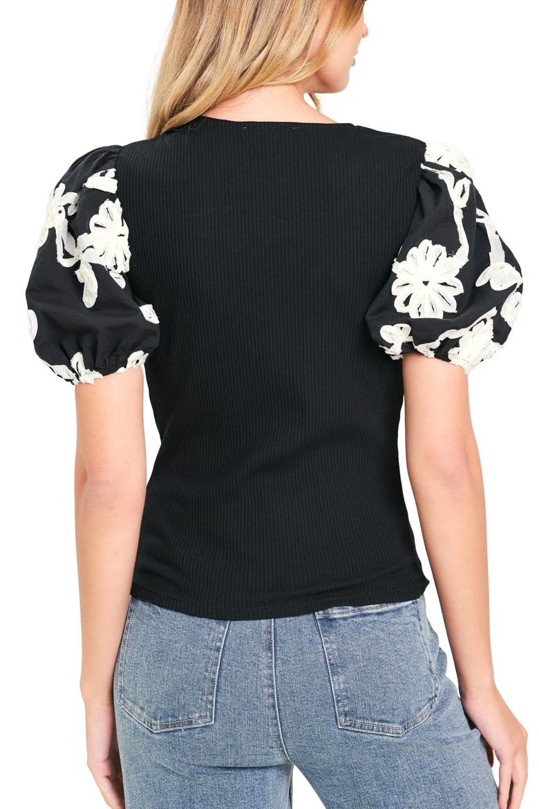 Floral Embroidered Puff Sleeve Ribbed Top, Alternate, color, BLACK