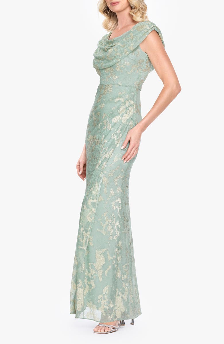 Betsy & Adam Metallic Jacquard Drape Neck Gown, Alternate, color, Sage/ Gold