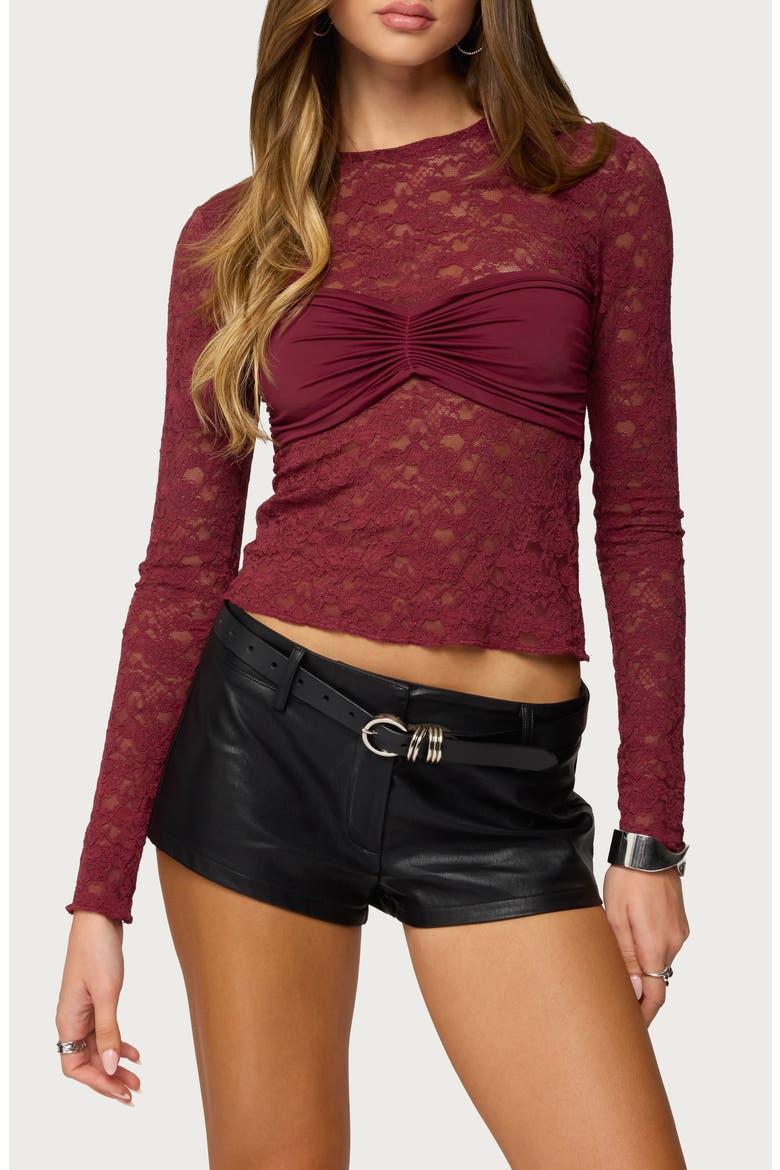 Rosette Bandeau Long Sleeve Lace Top, Main, color, BURGUNDY